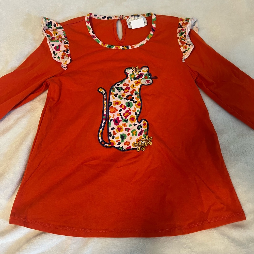 Orange Kids Shirt with Floral Cat Design